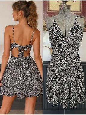 Angie Tie Open Back Spaghetti Strap Plunge Black Floral Mini Dress - Sz S 💚🎀